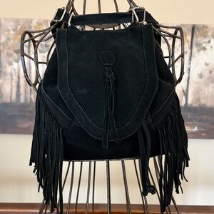 Ecote Urban Outfitters Fringed Suede Black Snap Front Lined Backpack/Crossbody